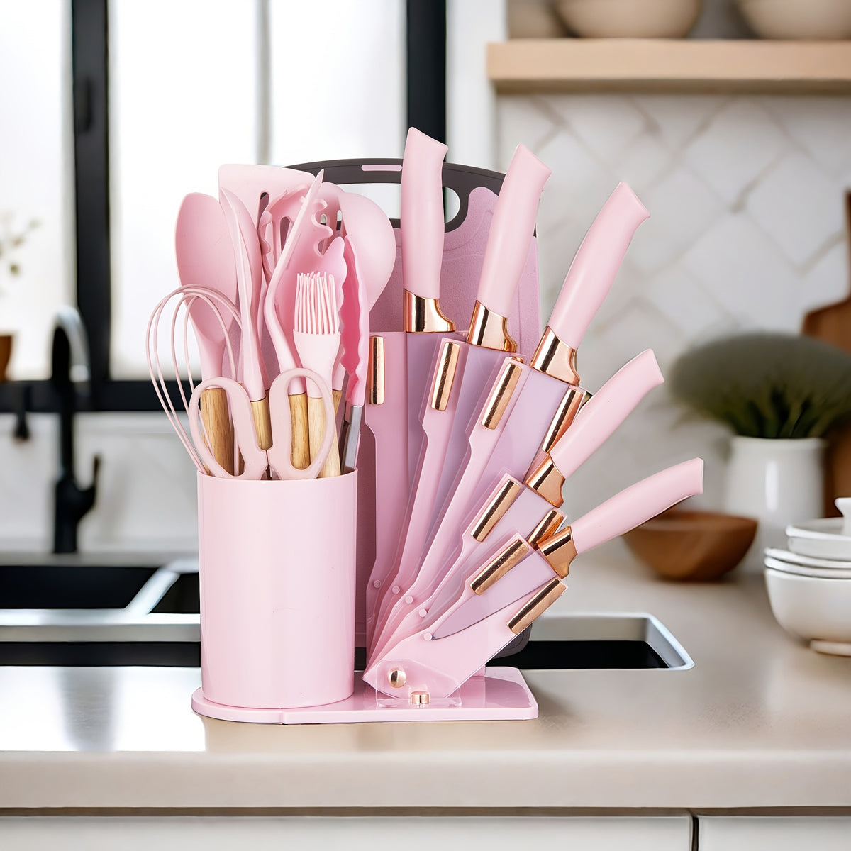 Heat-Resistant Cooking Utensil and Knife Set with Wooden Handles, Pink