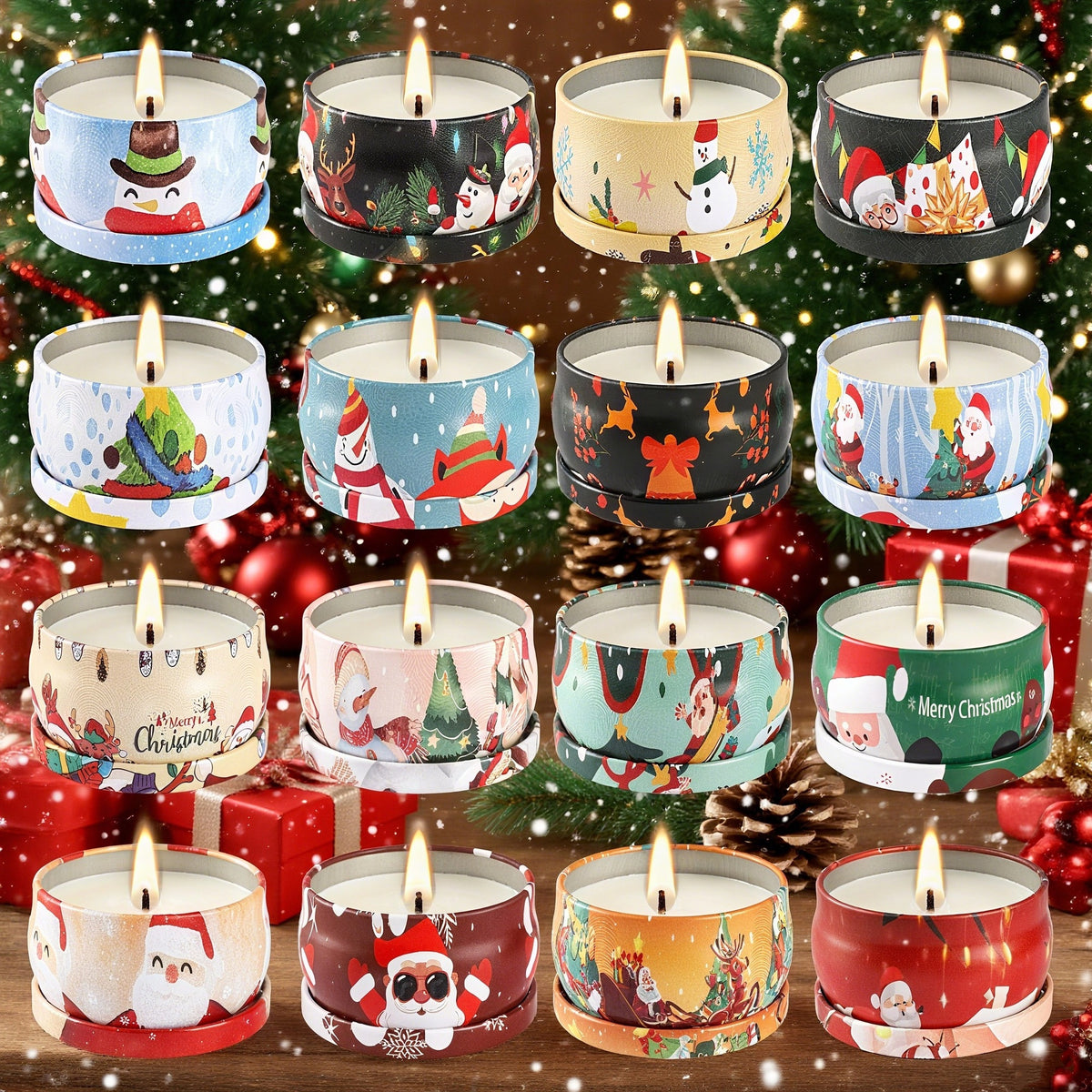Set of 16 Christmas Candles in 2.5 oz Tins