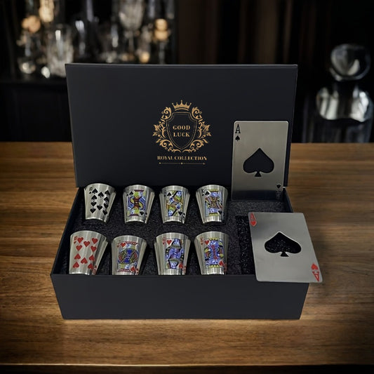 Stainless Steel Cup Gift Set, 8 Cups and 2 Bottle Openers in Box