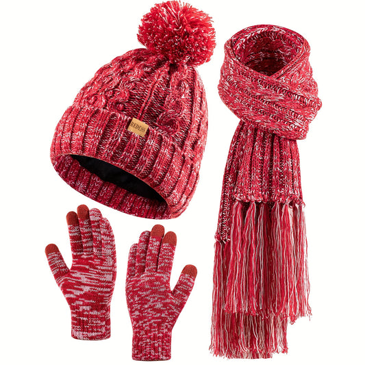 Women's Winter Hat, Scarf and Gloves Set in Red, 3-Piece Gift Set