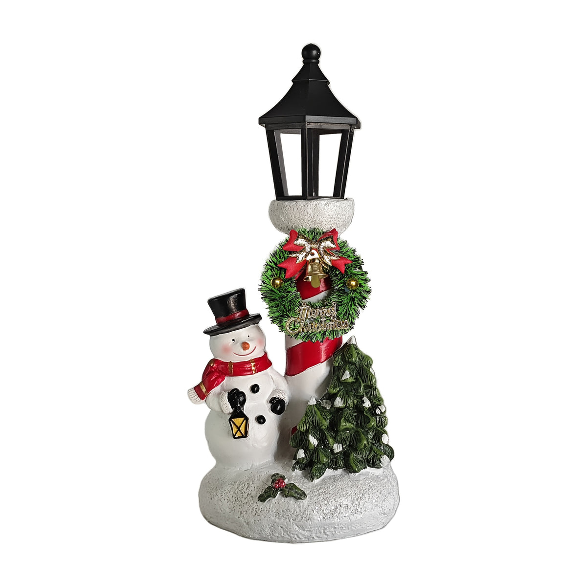Resin Snowman Christmas Figurine with LED Lantern and Wreath