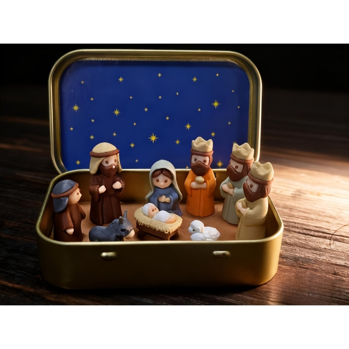 Handmade Miniature Christmas Nativity Set in a Portable Tin Box