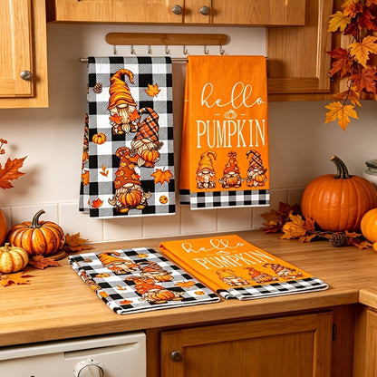 Set of 2 Autumn Pumpkin Gnome Kitchen Towels, Buffalo Plaid