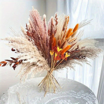 72-Piece Artificial Fall Pampas Bouquet with Orange and Brown Stems