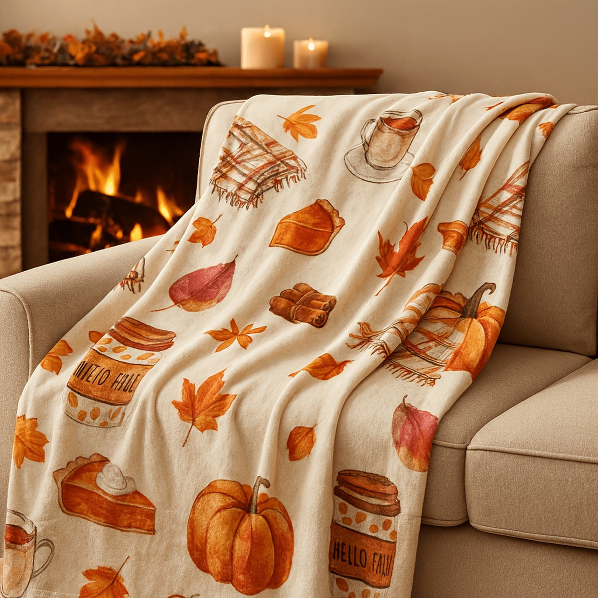 Autumn Pumpkin and Maple Leaf Flannel Throw Blanket, 150 x 100 cm
