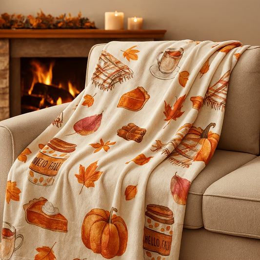 Autumn Pumpkin and Maple Leaf Flannel Throw Blanket, 150 x 100 cm