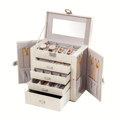 Large Jewelry Box for Women, 5-Tier PU Leather with Lock and Mirror