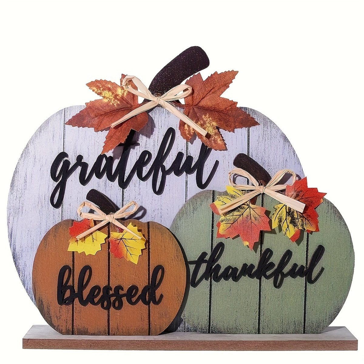 Grateful, Blessed, Thankful Pumpkin Flat Wooden Tabletop Sign