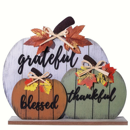 Grateful, Blessed, Thankful Pumpkin Flat Wooden Tabletop Sign