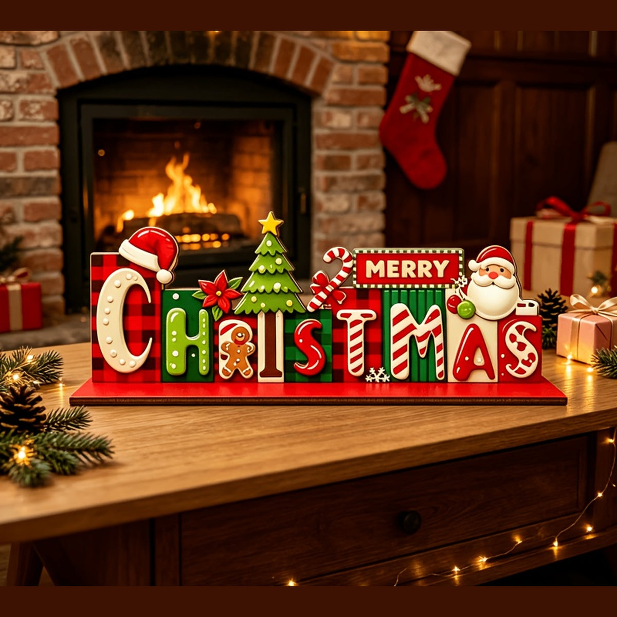 Vintage Wooden Santa 'Merry Christmas' Sign, 2D Flat Tabletop Decor