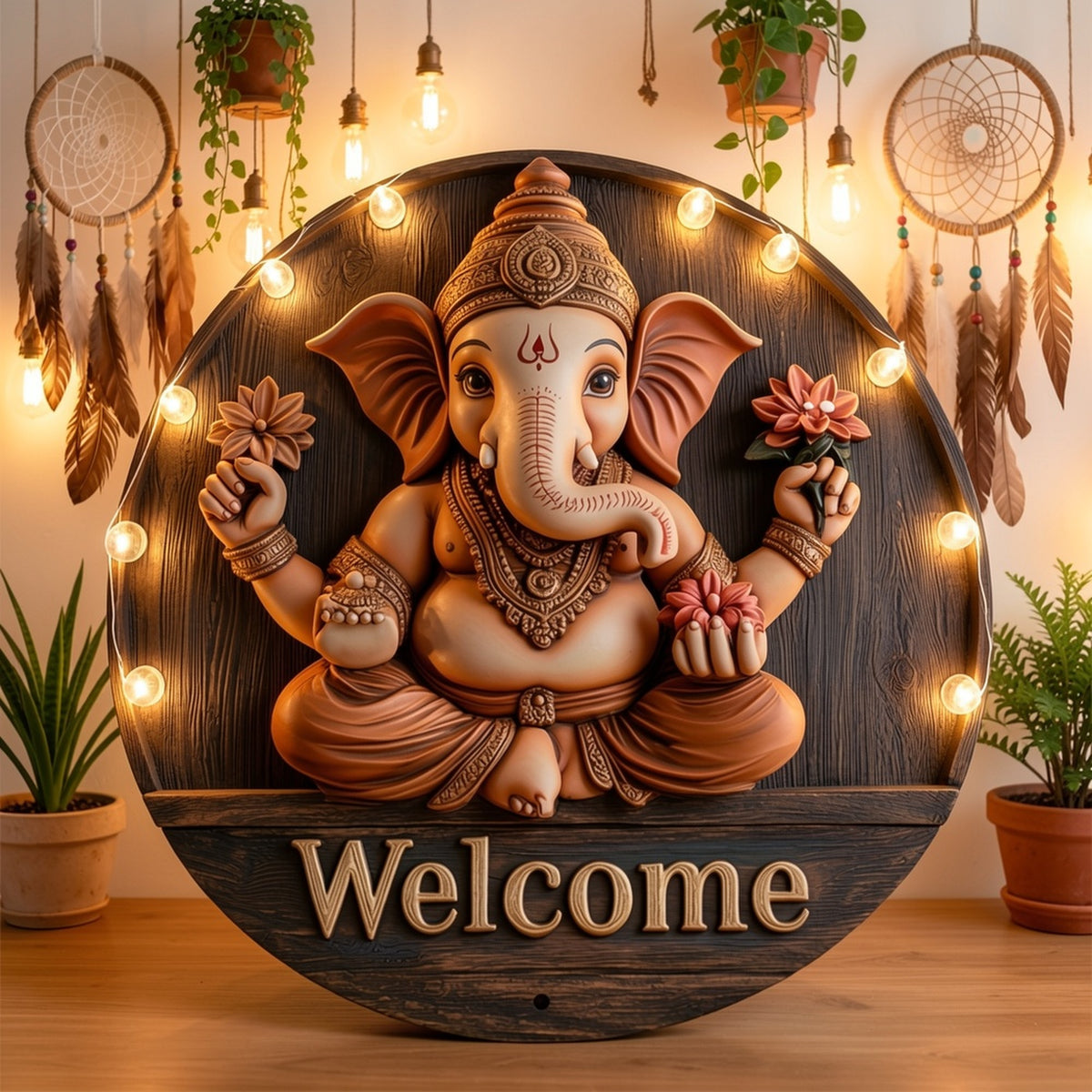 Round Wooden 'Welcome' Wall Sign with Ganesha Design, 18 cm