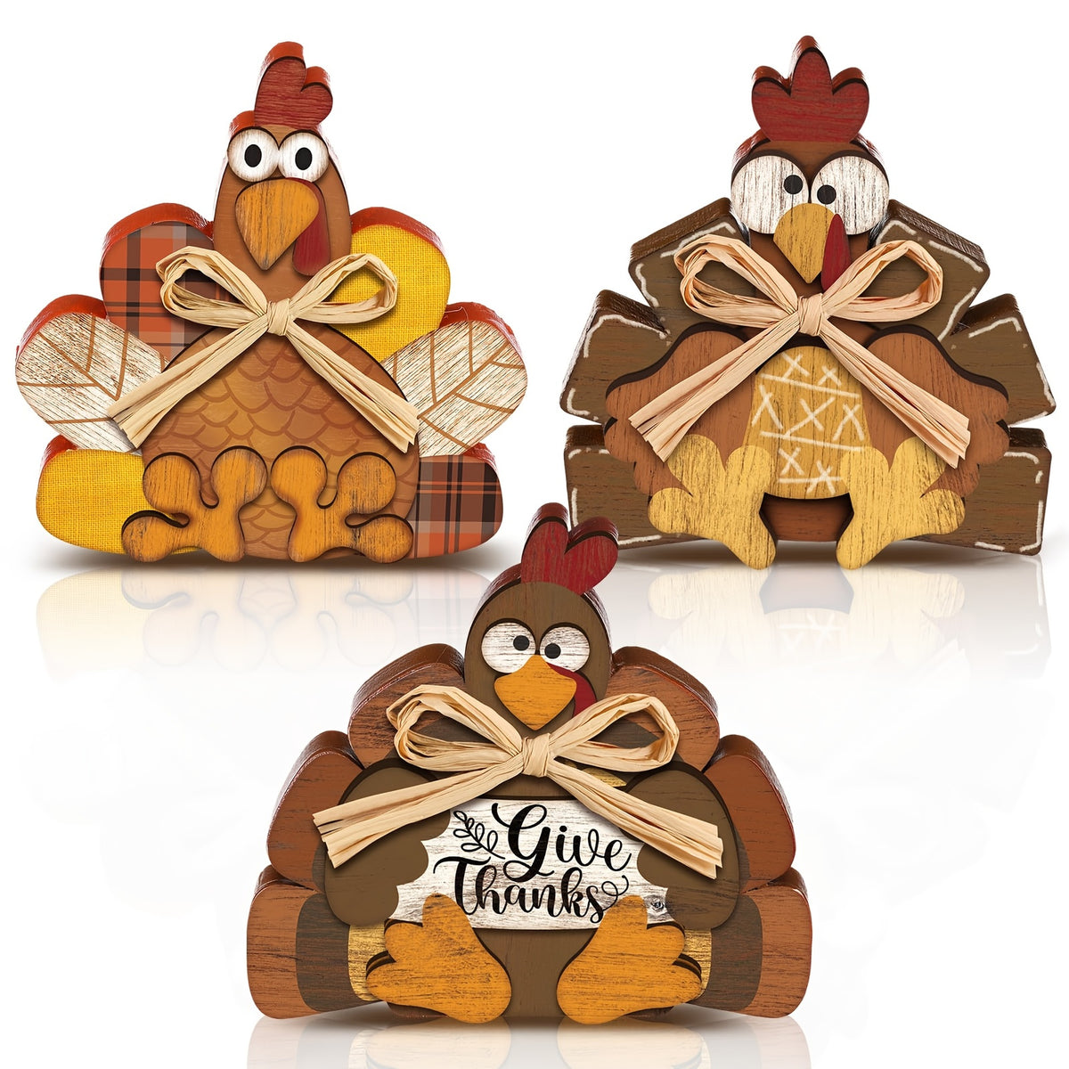 Set of 3 Wooden Turkey Table Centerpieces, Rustic Farmhouse