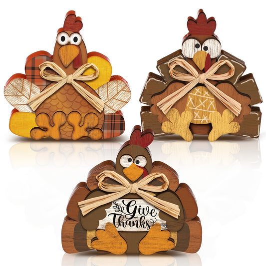 Set of 3 Wooden Turkey Table Centerpieces, Rustic Farmhouse