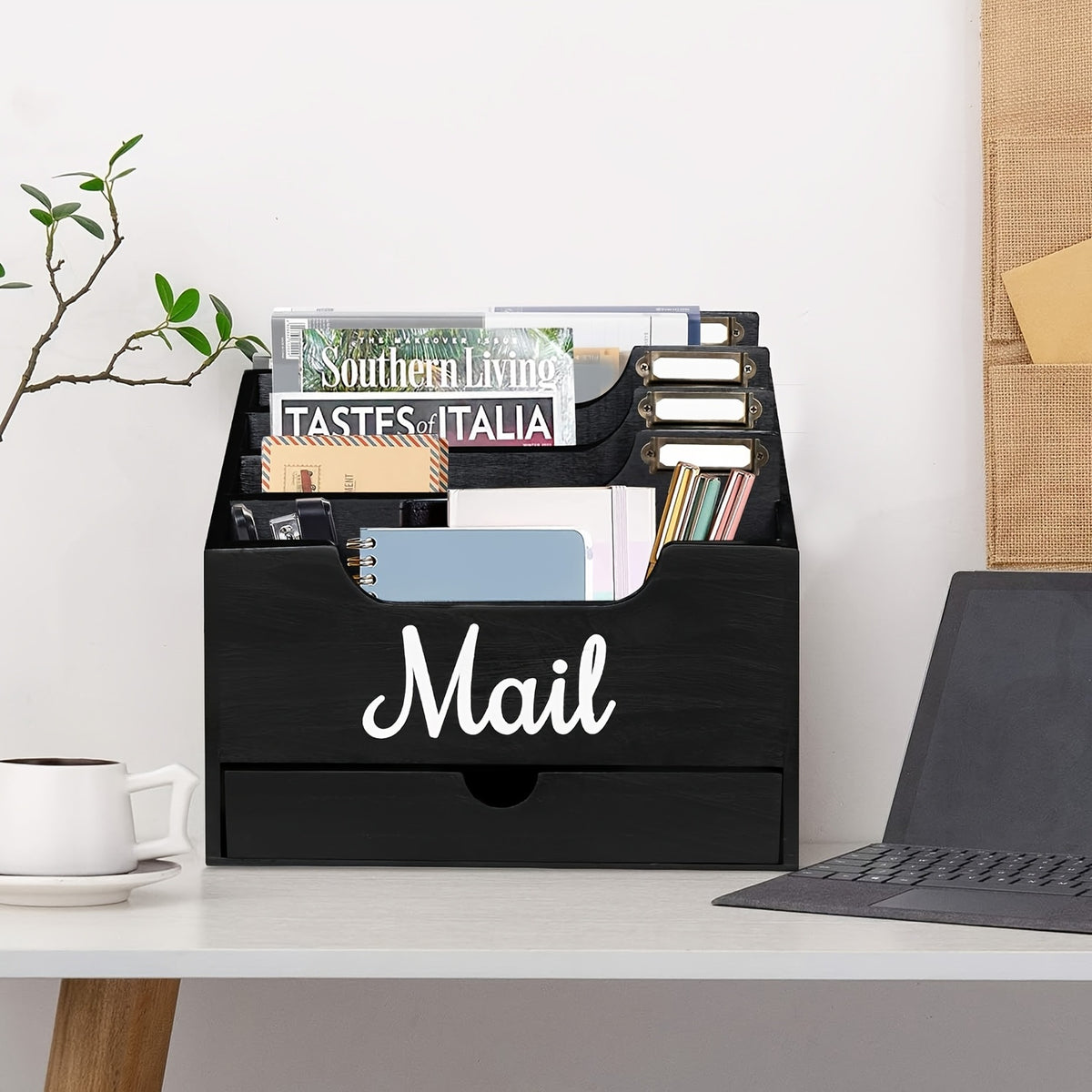 Solid Wood Desktop Mail Organizer in Black, 4 Compartments with Drawer