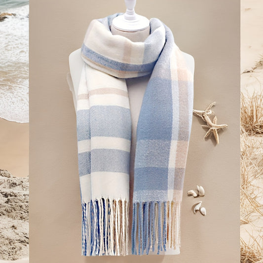 Women's Faux Cashmere Plaid Tassel Scarf, Blue and White