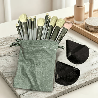 Green Makeup Brush Set, 13 Brushes and 2 Puffs with Storage Bag