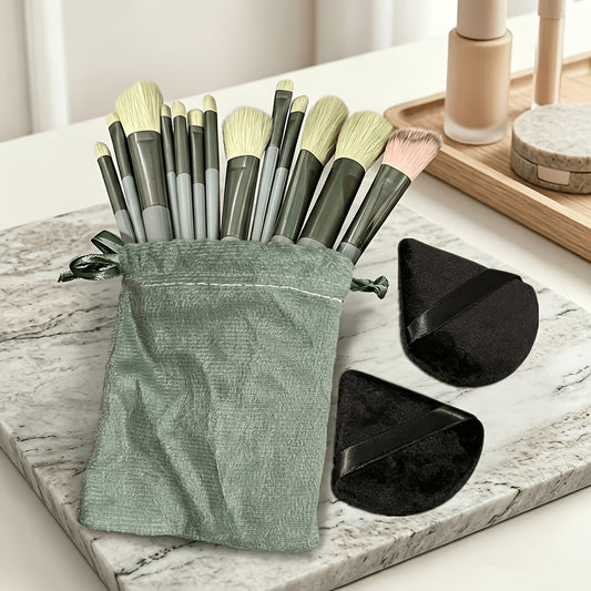 Green Makeup Brush Set, 13 Brushes and 2 Puffs with Storage Bag