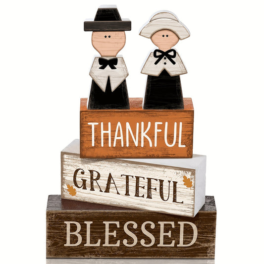 Thanksgiving Tiered Tray Decoration, Rustic Wooden Pilgrim Couple
