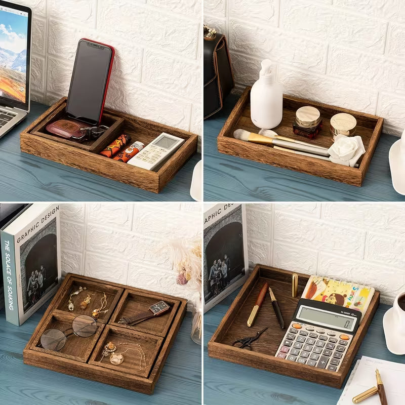 7-Piece Paulownia Wood Nesting Serving Tray Set, Wood-Grain Decor