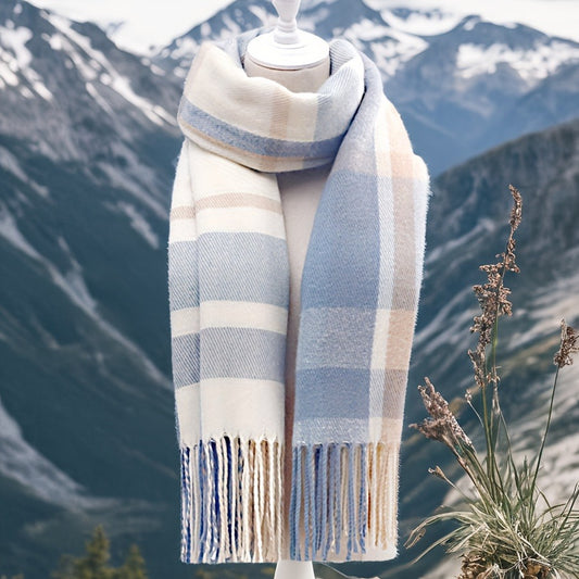 Women's Faux Cashmere Plaid Tassel Scarf, Blue and White