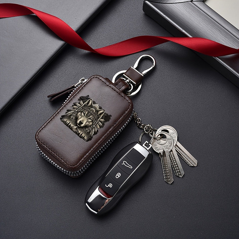 Men's Black Wolf-Print Wallet with Dark Brown Key Case, 2-Piece Set