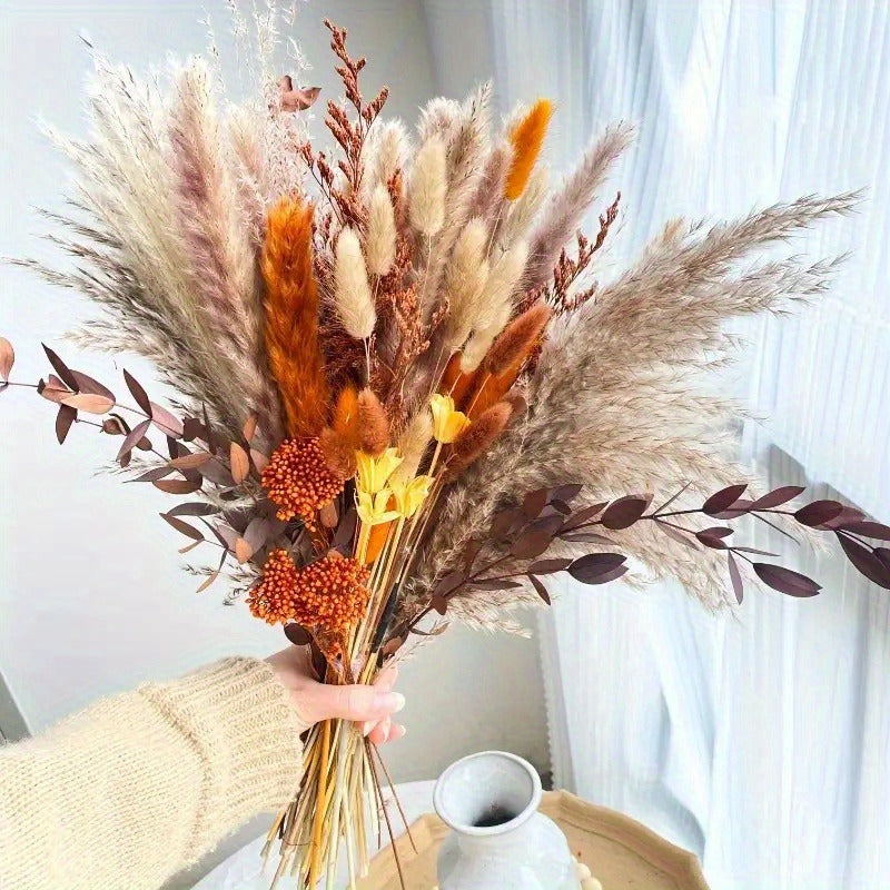 72-Piece Artificial Fall Pampas Bouquet with Orange and Brown Stems