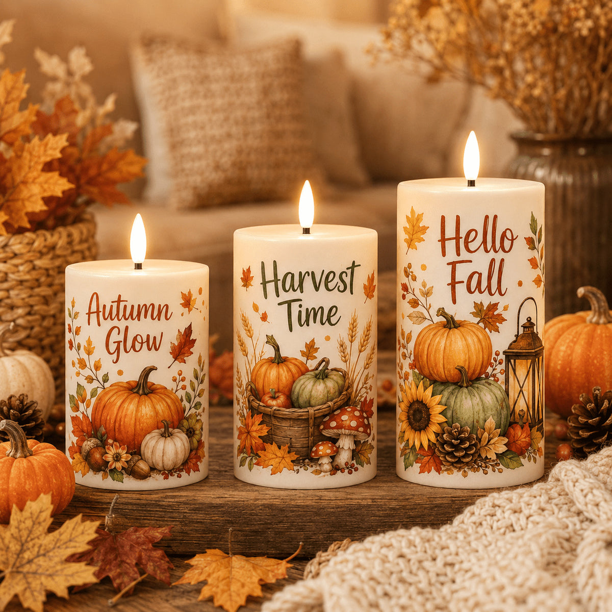 Fall Harvest Flameless Pillar Candles, 3-Piece LED Set with Remote