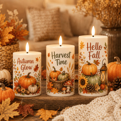 Fall Harvest Flameless Pillar Candles, 3-Piece LED Set with Remote