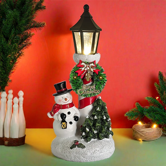 Resin Snowman Christmas Figurine with LED Lantern and Wreath