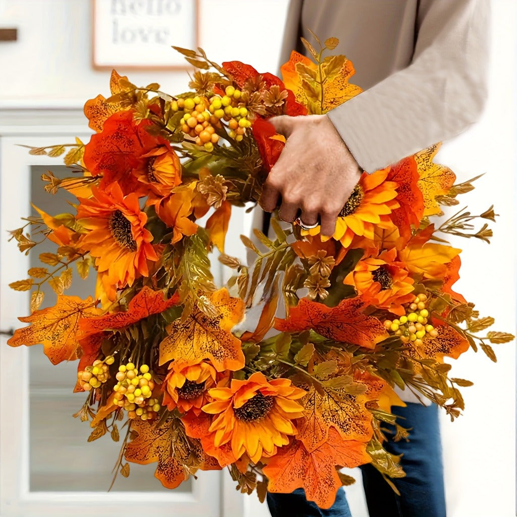 Sunflower and Maple Leaf Artificial Fall Wreath, 15.75 in