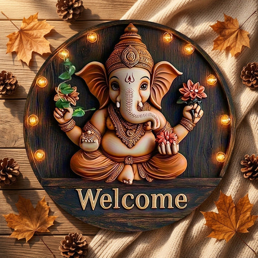 Round Wooden 'Welcome' Wall Sign with Ganesha Design, 18 cm