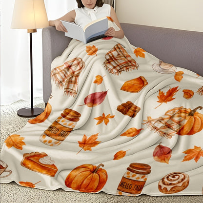 Autumn Pumpkin and Maple Leaf Flannel Throw Blanket, 150 x 100 cm