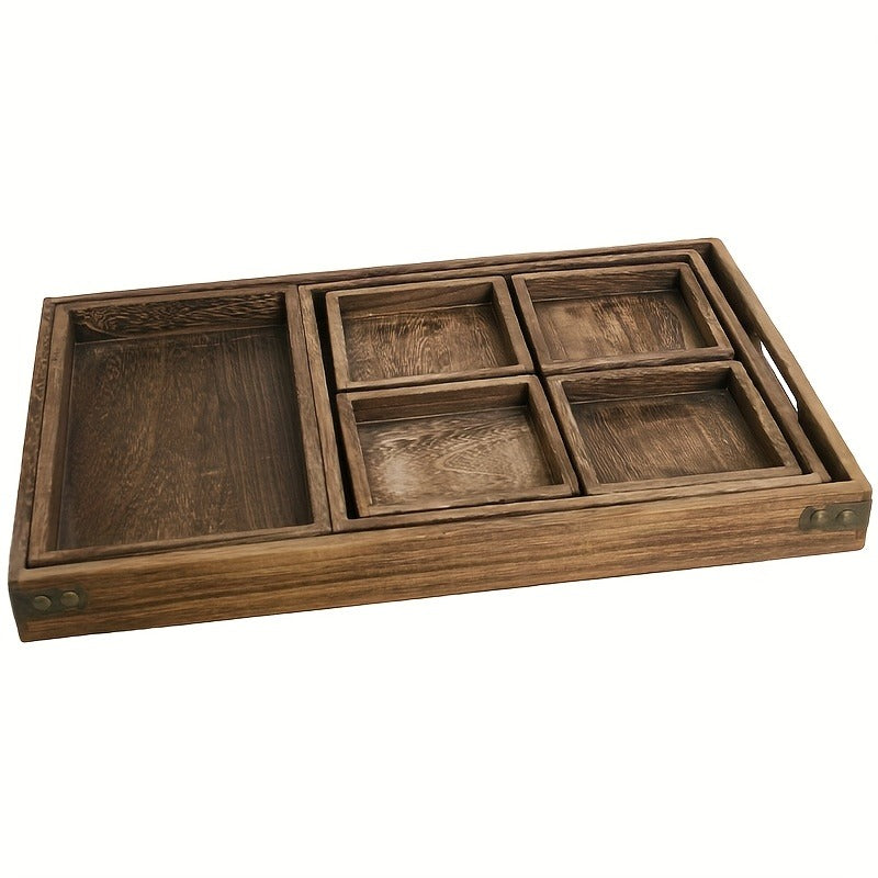 7-Piece Paulownia Wood Nesting Serving Tray Set, Wood-Grain Decor