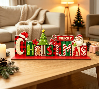 Vintage Wooden Santa 'Merry Christmas' Sign, 2D Flat Tabletop Decor