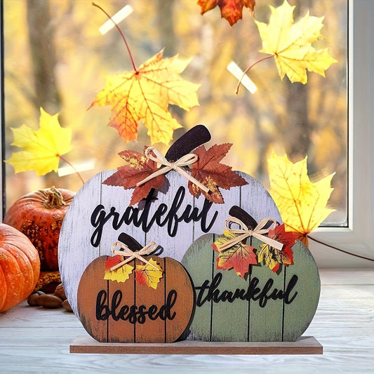 Grateful, Blessed, Thankful Pumpkin Flat Wooden Tabletop Sign