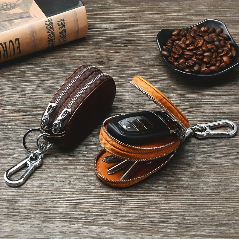 Men's Leather Car Key Pouch, Coffee Brown, with Card Slots
