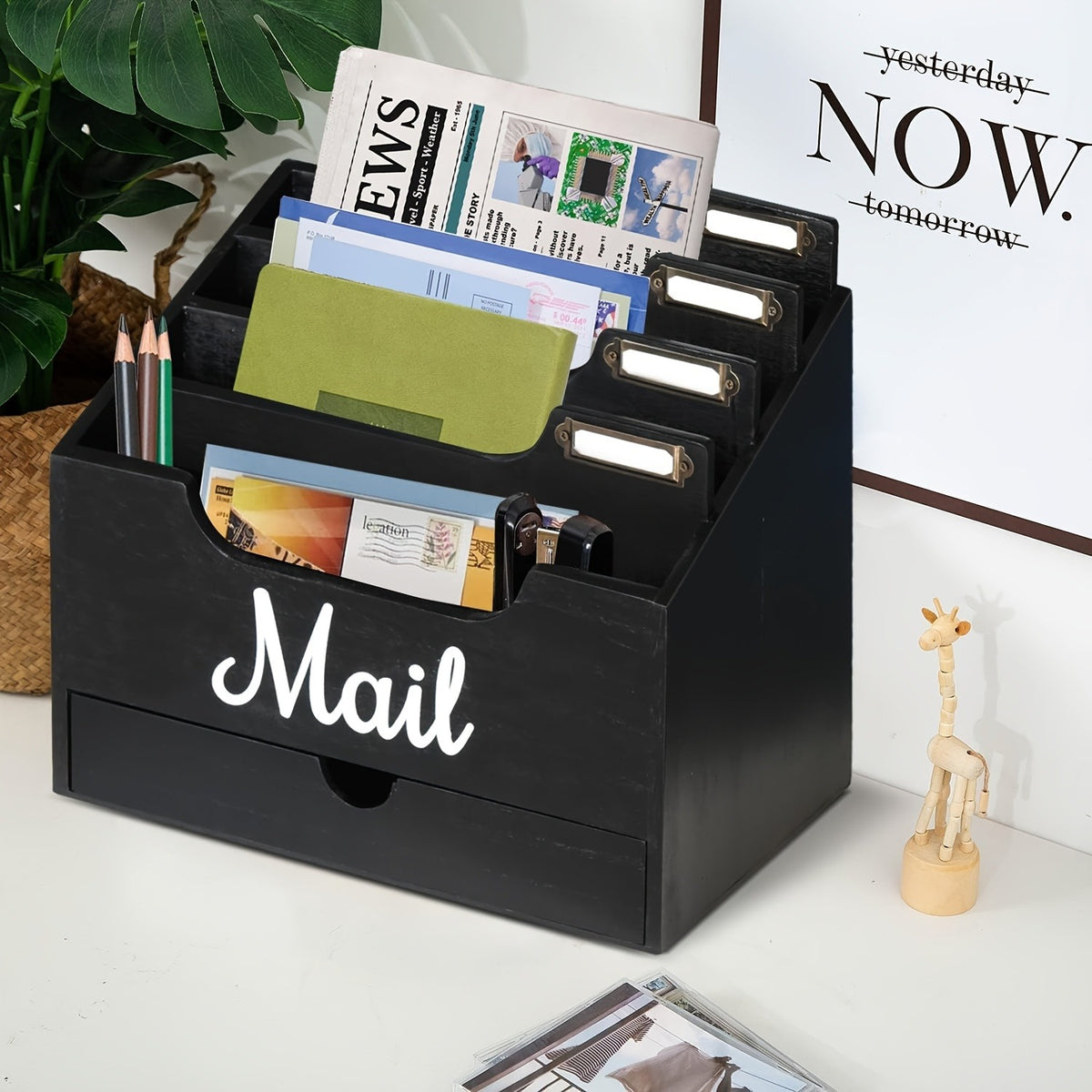 Solid Wood Desktop Mail Organizer in Black, 4 Compartments with Drawer