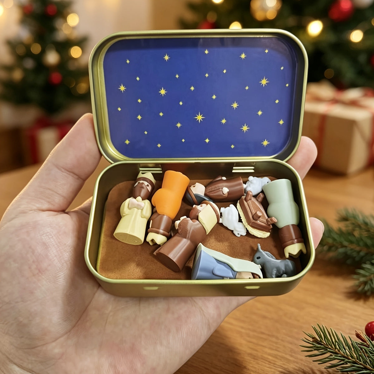 Handmade Miniature Christmas Nativity Set in a Portable Tin Box