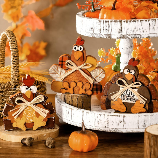 Set of 3 Wooden Turkey Table Centerpieces, Rustic Farmhouse