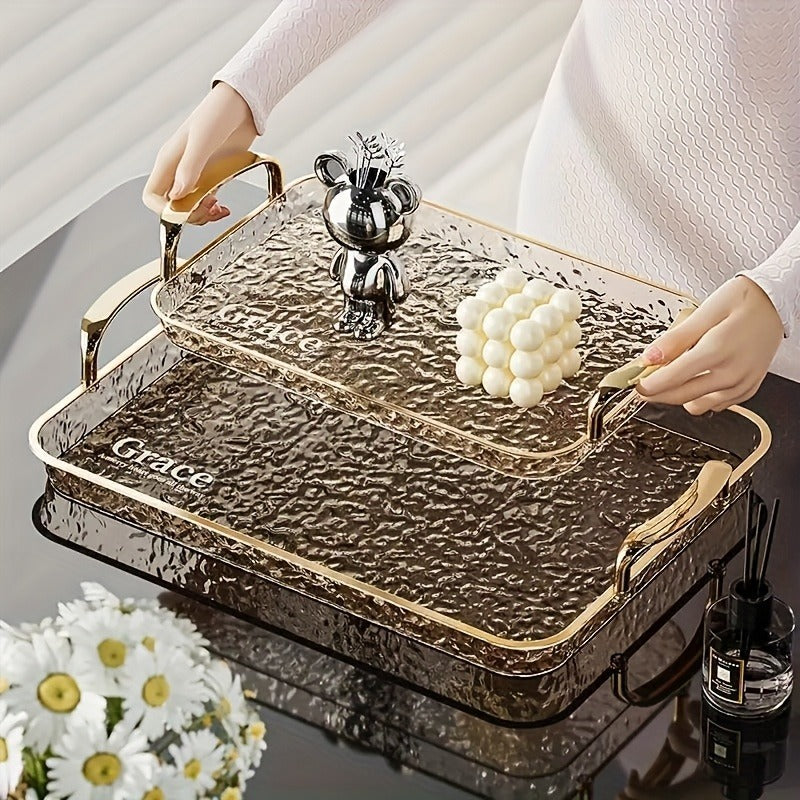 3-Piece Clear Serving Tray Set with Gold Rims, Large to Small
