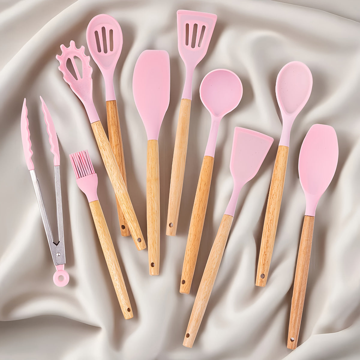 Heat-Resistant Cooking Utensil and Knife Set with Wooden Handles, Pink