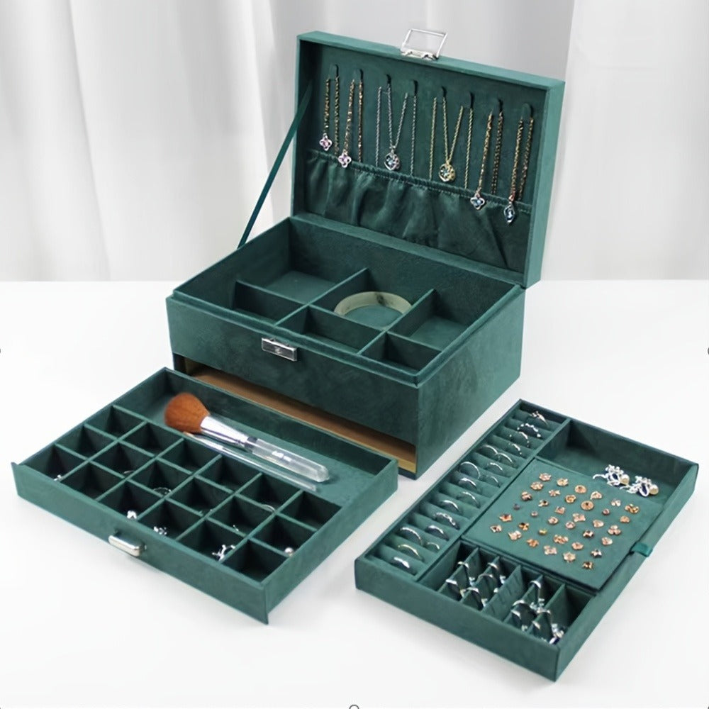 Deep Green Velvet Jewelry Organizer Box with Drawers