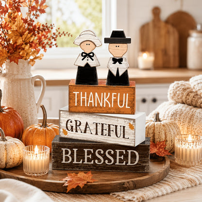 Thanksgiving Tiered Tray Decoration, Rustic Wooden Pilgrim Couple