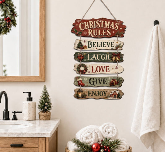Wooden Christmas Rules Hanging Sign: Believe, Laugh, Love, Give, Enjoy