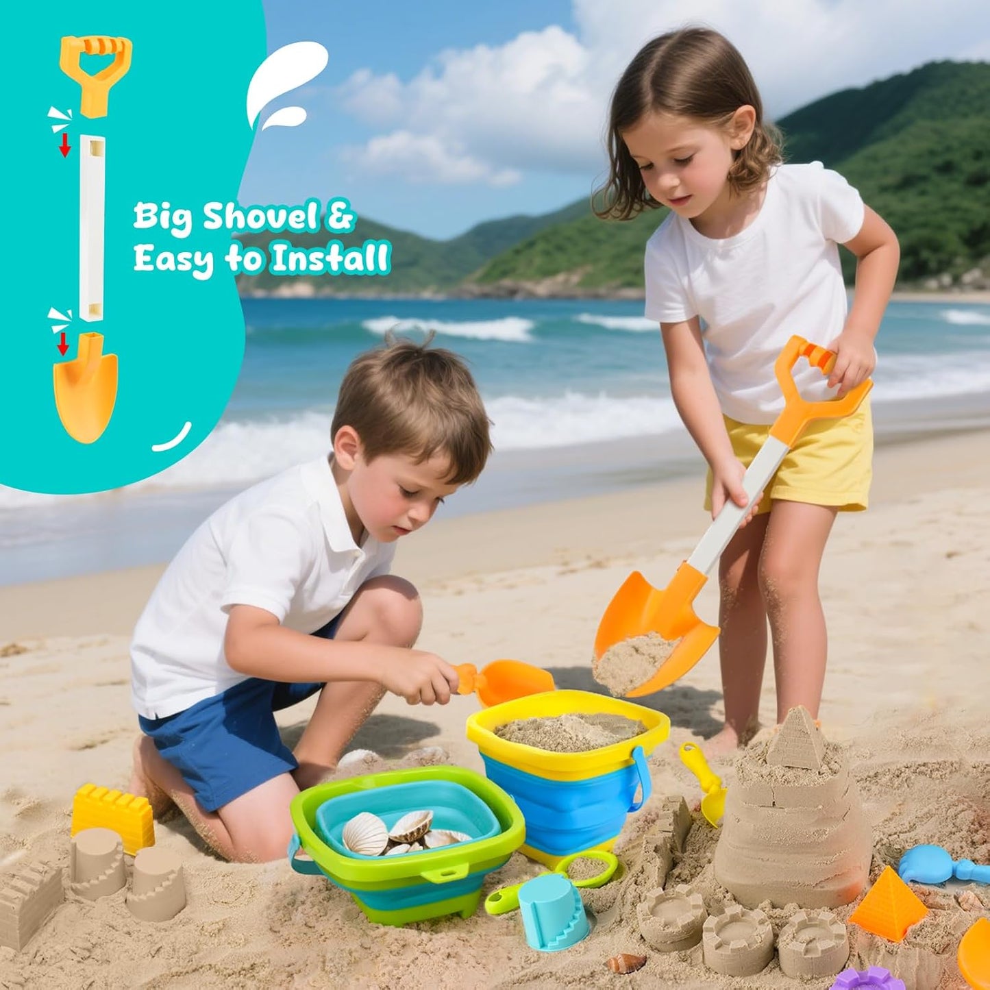 Collapsible Beach Toys for Kids Ages 4-8, Sand Toys for Toddlers Ages 3-4-8, Beach Toy Set with Collapsible Beach Buckets, Sandbox Toy for Kids with Castle Sand Mold and Large Shovels