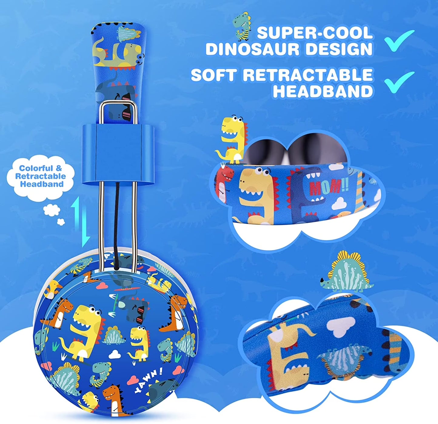 Qearfun Dinosaur Headphones for Boys Kids for School, Kids Bluetooth Headphones with Microphone & 3.5Mm Jack, Teens Toddlers Wireless Headphones with Adjustable Headband for Tablet/Pc