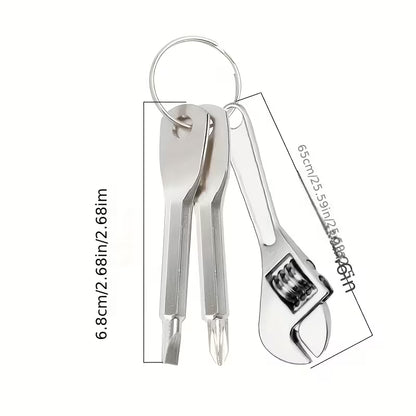 Silver mini keychain tool set with wrench and two screwdrivers on a key ring, shown with size measurements