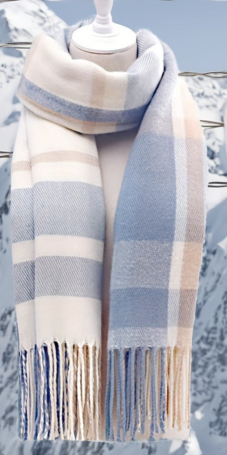 Women's Faux Cashmere Plaid Tassel Scarf, Blue and White