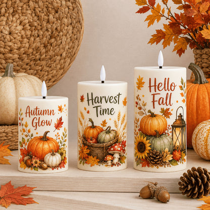 Fall Harvest Flameless Pillar Candles, 3-Piece LED Set with Remote