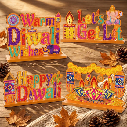 4-Piece Happy Diwali Wooden Table Sign Set